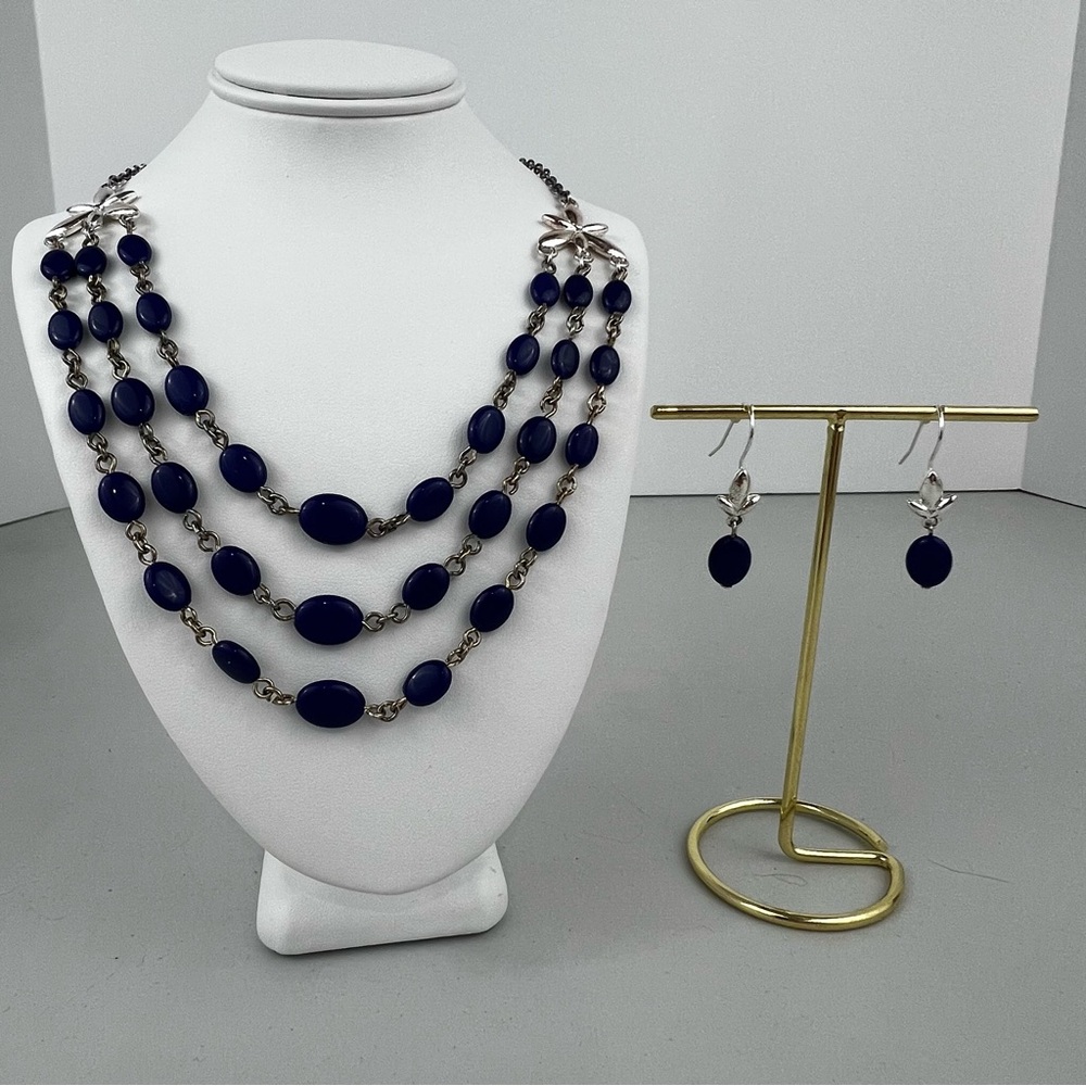 Avon Silver Tone and Multi Row Blue Bead Necklace and Earring Set